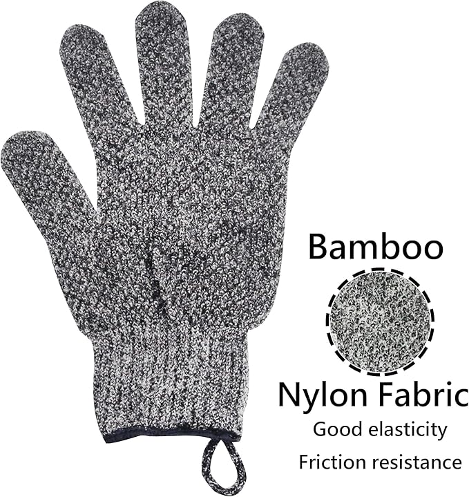 Exfoliating Gloves with Hanging Loop - 1 Pair Bamboo Charcoal Bath/Shower Gloves, Bath Gloves for Shower Exfoliating and Ingrown Hair/Dead Skin Remover - Bamboo Charcoal - Exfoliator Mitt Scrub Gloves-Velvo Beauty