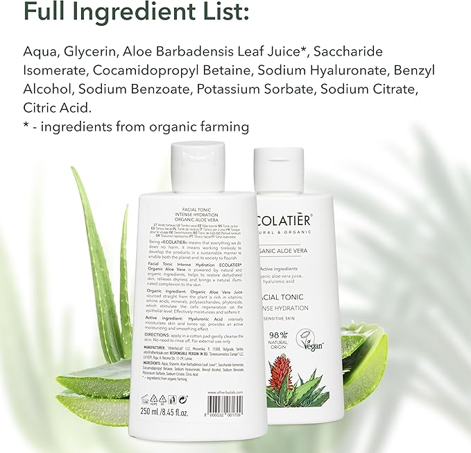 Organic Aloe Vera Facial Toner - 98% Natural Ingredients - Intense Hydration, Hyaluronic Acid, 98% Natural, Vegan - Deep Moisture, Refreshes, and Revitalizes The Skin - 8.5 Fl Oz / 250ml-Velvo Beauty