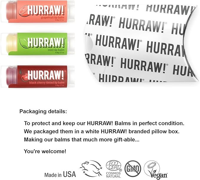 Hurraw! Grapefruit, Mint, Black Cherry Tinted Lip Balms, 3 Pack Bundle: Organic, Certified Vegan, Cruelty and Gluten Free. Non-GMO, 100% Natural. Bee, Shea, Soy & Palm Free. Made in USA-Velvo Beauty