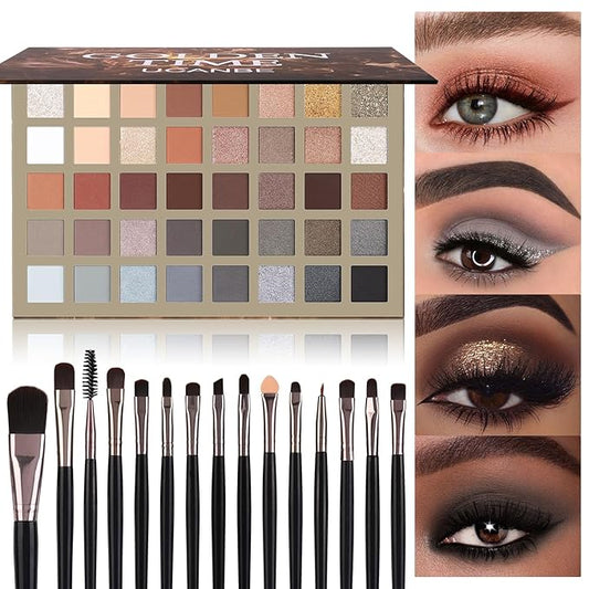 UCANBE Nude Eyeshadow Palette + 15 PCS Makeup Brushes Set, 40 Color Matte Shimmer Glitter Eye Shadow, Neutral Black Dark Grey Smoky Make Up Pallet Gift Kit Highly Pigmented Long Lasting Waterproof-Velvo Beauty