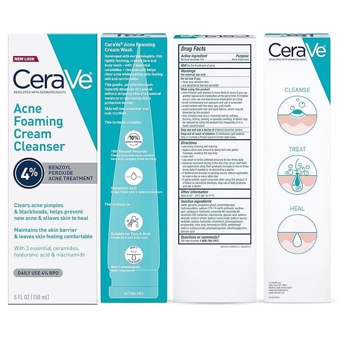CeraVe Acne Foaming Cream Cleanser, 4% Benzoyl Peroxide Face Wash With Hyaluronic Acid, Niacinamide & Ceramides, Gentle Daily Acne Treatment For Face-Velvo Beauty