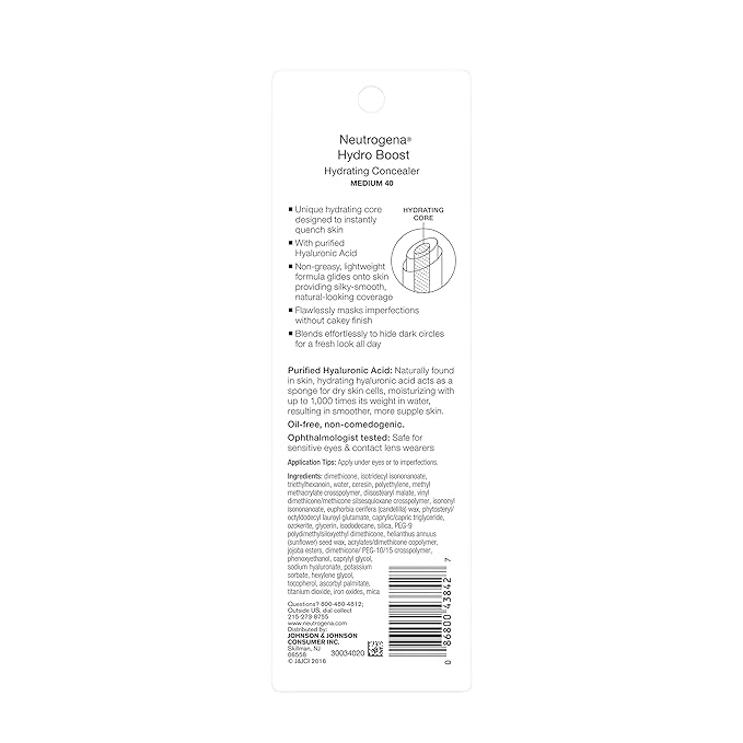 Neutrogena Hydro Boost Hydrating Concealer Stick for Dry Skin, Oil-Free, Lightweight, Non-Greasy and Non-Comedogenic Cover-Up Makeup with Hyaluronic Acid, 40 Medium, 0.12 Oz-Velvo Beauty