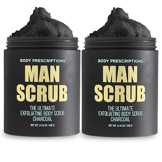Body Prescriptions Men’s Exfoliating Body Scrub – Ultimate Skin Cleansing Wash in Jar with Twist-Top Lid, For All Skin Types, 21 Ounce (Pack of 2), Charcoal-Velvo Beauty