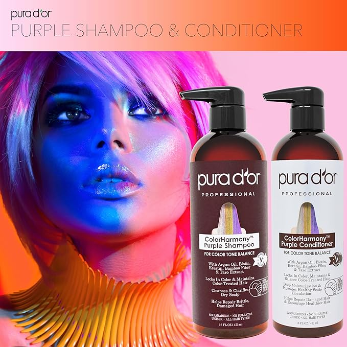 PURA D'OR Purple Shampoo & Conditioner (16oz x 2) ColorHarmony Biotin Set For Bleached, Blonde, Silver & Color Treated Hair - Keratin, Bamboo Fiber, No Sulfates - Men & Women-Velvo Beauty
