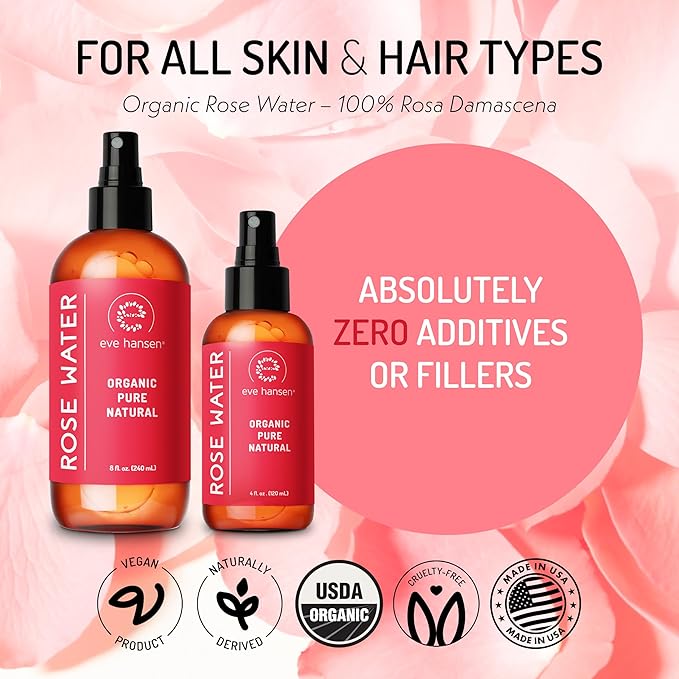 Eve Hansen Organic Rose Water Spray – Pure Rosewater Face & Hair Mist for Hydration & Refreshing Glow | Facial Toner & Makeup Setting Spray | Alcohol-Free & Vegan | 4 oz-Velvo Beauty