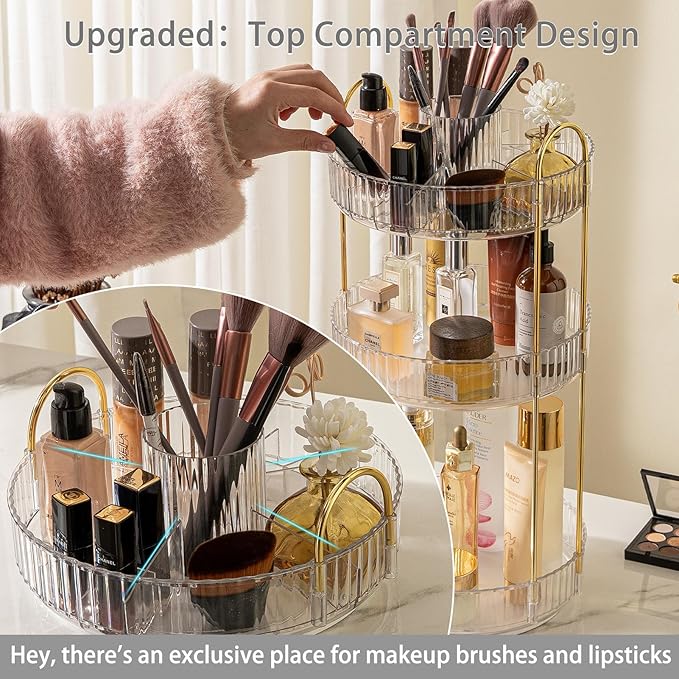 Rotating Makeup Organizer for Vanity, High-Capacity Skincare Clear Make Up Storage Perfume Organizers Cosmetic Dresser Organizer Countertop 360 Spinning (Clear, New-3 Tier)-Velvo Beauty