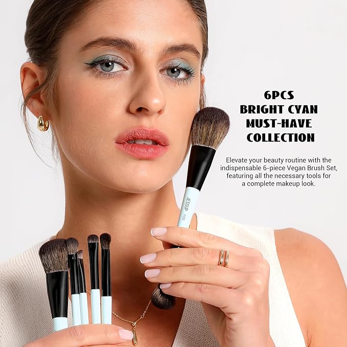 Jessup Makeup Brush Set 6pcs Double Sided Makeup Brushes Foundation Contour Blush Highlight Blending Eyebrow Brush Eyeshadow Brush, Vegan Fiber Make up Brush Bright Cyan T501-Velvo Beauty