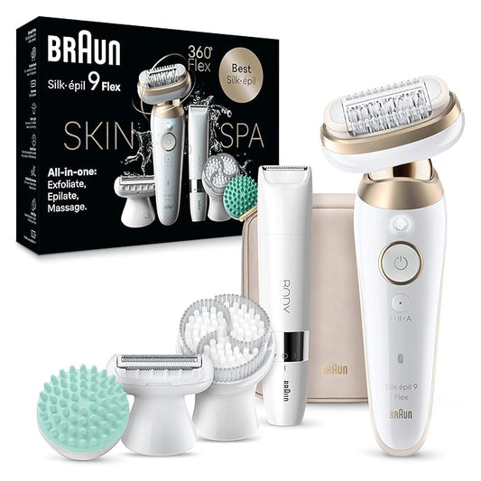 Braun Epilator Silk-épil 9 Flex SkinSpa, Hair Removal Device, 360 Flex and Pivoting Head, Wet and Dry, Includes Shaver Head, Trimmer Comb, Massage Pad, Exfoliation Brush and BodyTrimmer, SES9-481 3D-Velvo Beauty