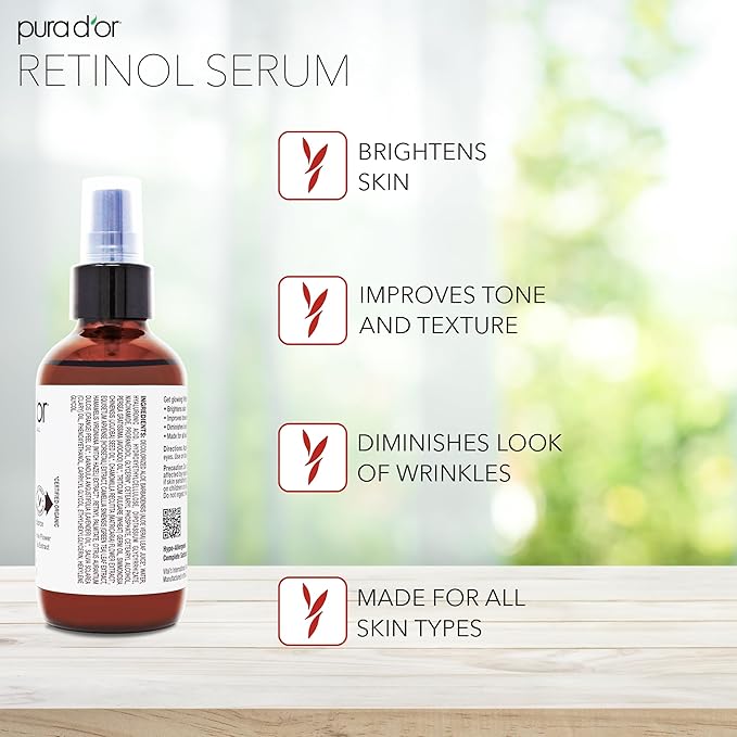 PURA D'OR 3.3 Oz Retinol Serum For Nighttime - Advanced PM Skin Care Formula - Anti-Aging Wrinkle Reducer for Radiant Skin - Natural Vitamin A & Collagen Booster - Fine Lines Treatment - Travel Size-Velvo Beauty