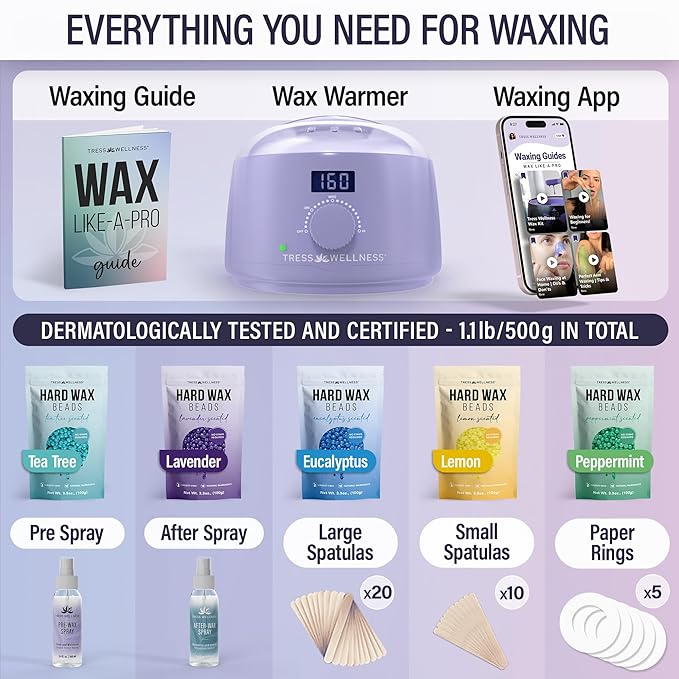 Tress Wellness Waxing Kit for Sensitive Skin – Safe for Face & Skin, Prep & Aftercare Spray, Easy to Use – At-Home Kit for Face, Bikini, Brazilian & Full Body - Digital Display, Purple-Velvo Beauty