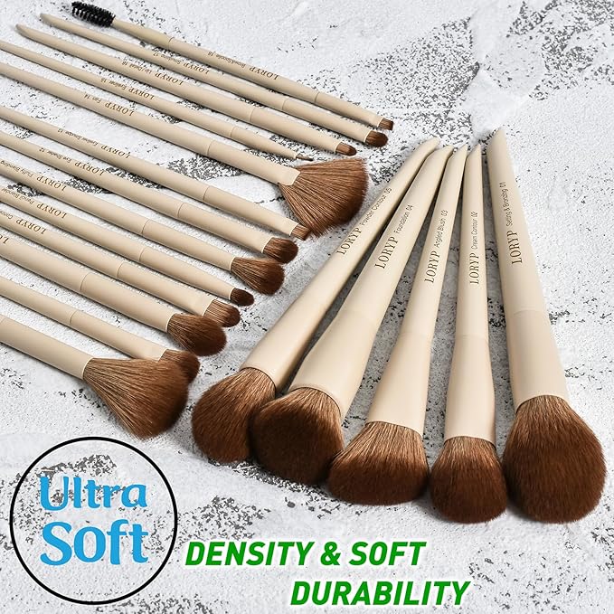 LORYP 18 Piece Makeup Brushes Set Labeled Face and Eye Brush Set Complete with Foundation, Concealer, Contour, Blending, Blush, Eyeshadow Brushes with Travel Holder Case-Velvo Beauty