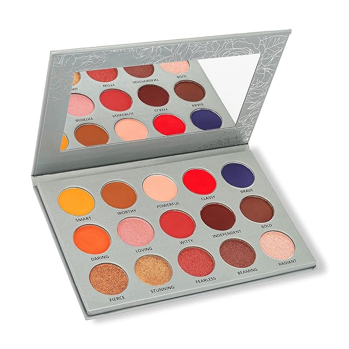 | 15 color pigmented blendable eyeshadow palette with mirror, warm neutral matte shimmery shades, travel size makeup-Velvo Beauty