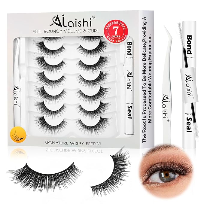 Wispy False Eyelashes Kit With Bond, Seal and Tweezer, 7 Pairs Natural Look Fake Cat Eye Lashes Strips Thin Band Extensions Waterproof Easy Eyelashes for Beginners RQ10-Velvo Beauty