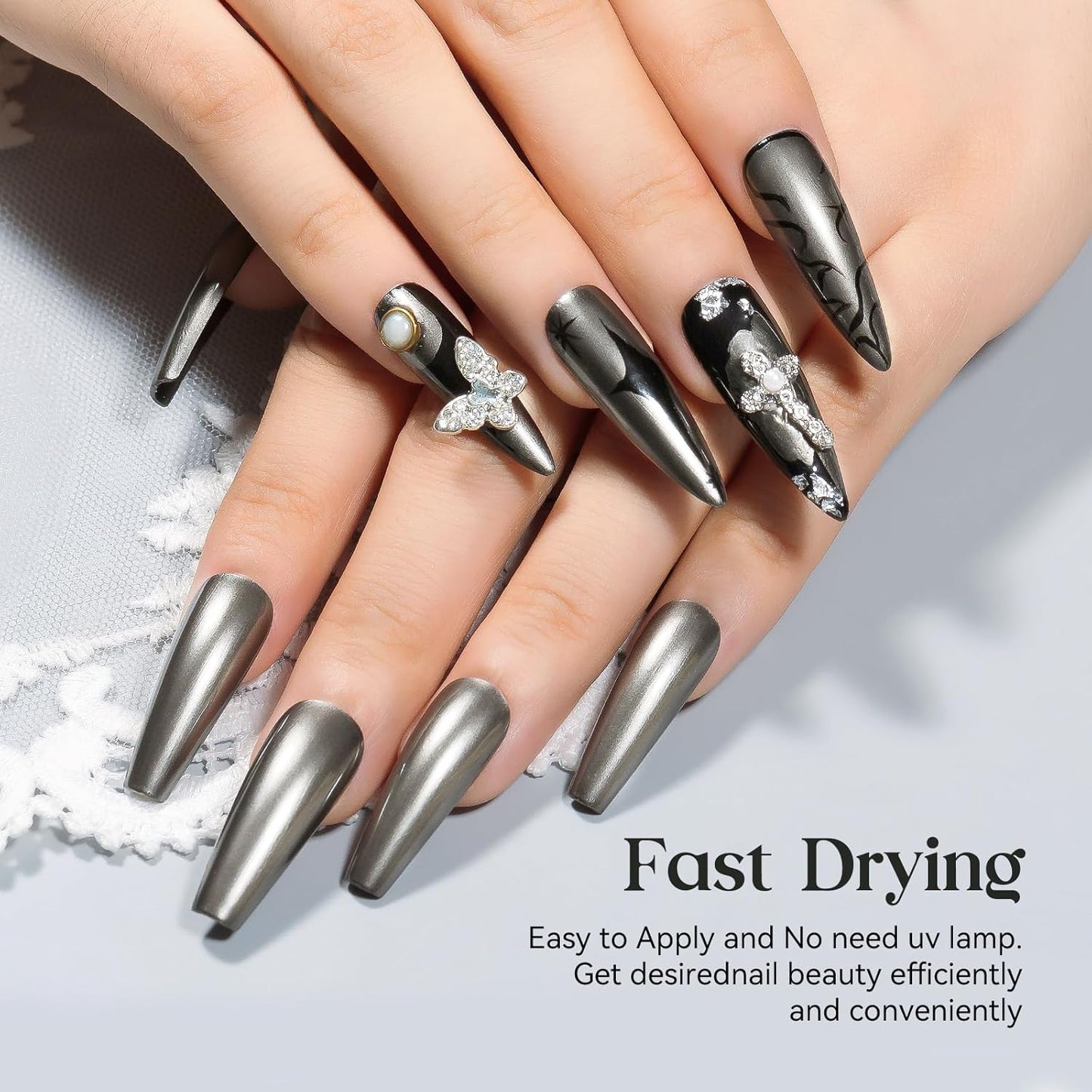 MIZHSE Dark Grey Mirror Nail Polish, Quick Dry Metallic Nail Polish, Air Dry Fast Chrome Nail Lacquer Black Oil-based Nail Art Manicure DIY Home-Velvo Beauty