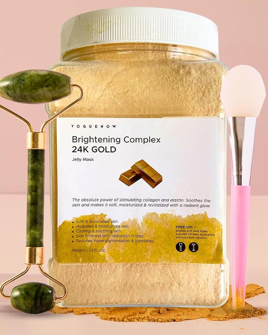 VogueNow Jelly Face Mask for Facials - 24K Gold Hydrating, Brightening & Nourishing Jelly Mask with Free Jade Roller & Spatula | Professional Hydrojelly Masks | Vajacial Jelly Mask Powder | 23 Oz Jar-Velvo Beauty