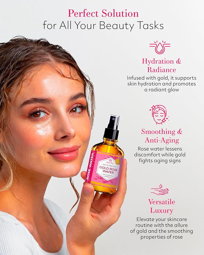 24 Karat Gold Rose Water Toner by Leven Rose Natural Moroccan 24K Rosewater Toner 4 oz-Velvo Beauty
