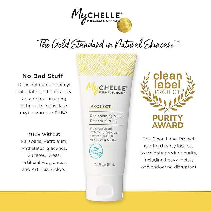 MyCHELLE Dermaceuticals Solar Defense SPF 30 (2.3 Fl Oz) - Moisturizing Reef Safe Sunscreen with Red Algae Extract and Kukui Oil - Travel Size Zinc Sunscreen for Face and Body-Velvo Beauty