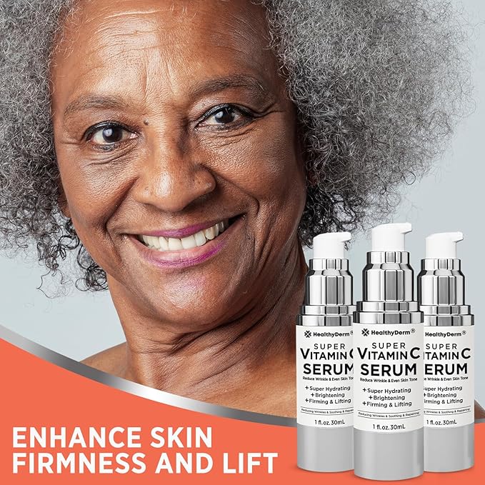 Super Vitamin C Serum for Women Over 70: Niacinamide, Vitamin C, Hyaluronic Acid, Peptides, Vitamin E, Caffeine, Bakuchiol, Hydrating, Lifting, Wrinkle & Age Spots Reduction Pack of 3-Velvo Beauty