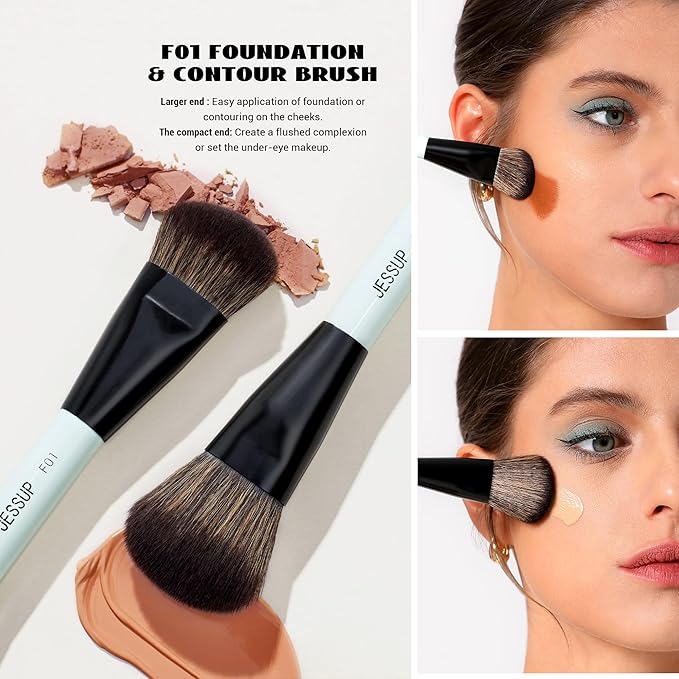 Jessup Face Makeup Brushes Blue 3pcs Double Ended Makeup Brush for Foundation Contour Blush Highlight and Concealer Brush, Premium Synthetic Brush Set T503-Velvo Beauty