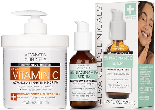 Advanced Clinicals Brightening Vitamin C Cream + 5% Niacinamide Serum W/Hyaluronic Acid 2pc Set | Vitamin C Body Lotion Moisturizer & Dark Spot Remover Face Serum | Skin Care Products, 2pc Bundle-Velvo Beauty