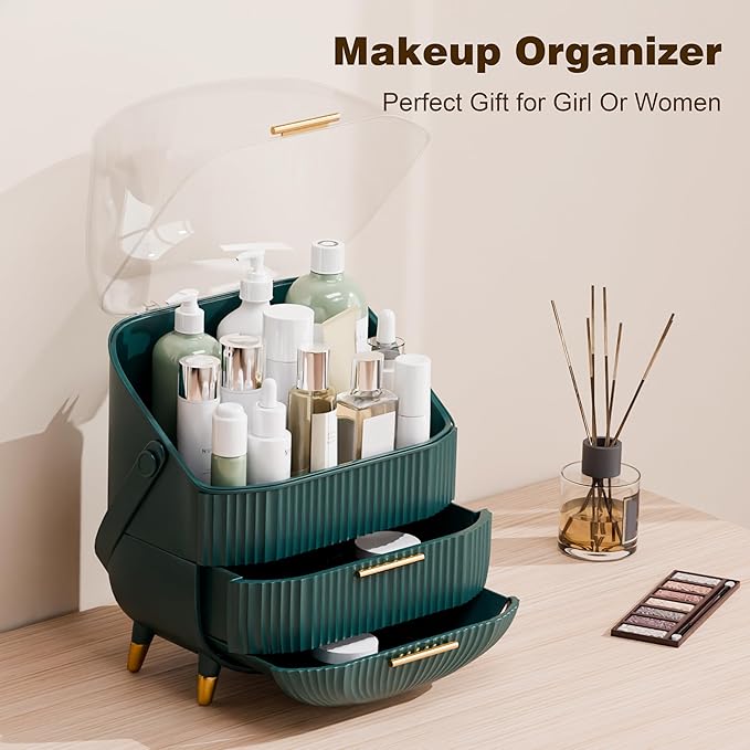 Makeup Organizers and Storage Make up Organizer for Vanity Cosmetics Skincare With Lid and Drawers Display Cases for Countertop Bathroom Women Teenager Girl Gifts(Dark Green)-Velvo Beauty