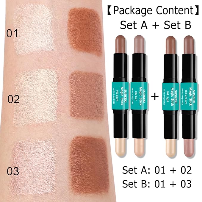 Contour Stick, 4Pcs Dual-Ended Highlighter Makeup Pen & Contouring Stick for Face Shaping, Long Lasting Waterproof Cream Bronzer & Highlight Sticks Make Up Kit for All Skin Tones(Set A+Set B)-Velvo Beauty
