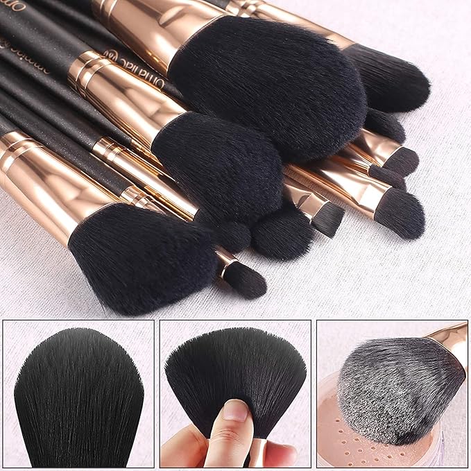 OMANIAC Makeup Brush Set Professional, 12 Pearlescent Wood Handle Makeup Brushes, Premium Cruelty-Free Synthetic Fiber Hair, Travel Make up Brushes Set with Case (Black).-Velvo Beauty