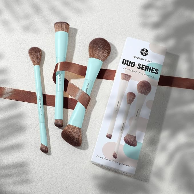 EIGSHOW Makeup Brush Set, 3Pcs Dual Ended Face Makeup Brushes for Foundation Powder Contour Highlight Concealer Nose Shadow, Travel Gift Set (Cyan)-Velvo Beauty