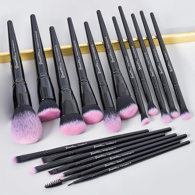 Bueart Design 18Pcs Pro Deluxe Fuchsia Pink Black Makeup Brushes set with Travel Make up Brush Holder case Foundation concealer contour Blush eyeshadow face make up brush set-Velvo Beauty