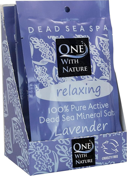 One With Nature 100% Pure Dead Sea Salt for Bath Lavender, 2.5oz 6Pack. High in 21 Essential Minerals, Such as Magnesium, Sulfur, Zinc, Potassium. Skin Nourishing and Therapeutic.-Velvo Beauty
