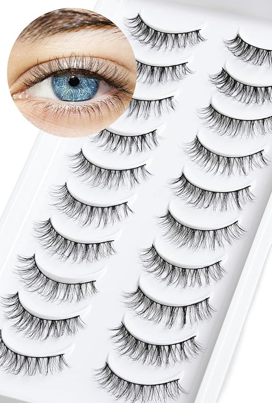 Natural Lashes Wispy False Eyelashes 10mm Short Lashes 3D Volume Strip Lashes Fake Eyelashes Siligli Lashes Thin Band Curly Eye Lashes Pack 10 pair-Velvo Beauty