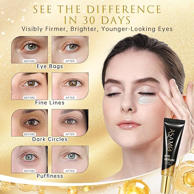ASAMO Retinol&Caffeine eye serum, Fast Absorbing, Correction for Puffy Eye Bags Fine Lines Dark Circles Wrinkles, 48Hr Hydrating Under Eye Cream, 0.7fl.oz-Velvo Beauty