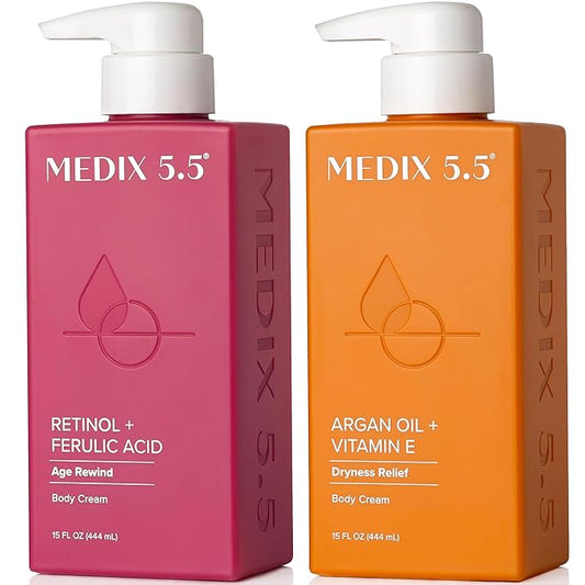 Medix 5.5 Retinol Body Lotion + Argan Oil Cream 2PC Skin Care Set Body & Face Moisturizer | Firming Body Lotion Bundle Reduces Look Of Wrinkles, Cellulite, Crepey Skin, & Uneven Skin Tone, 2PC-Velvo Beauty
