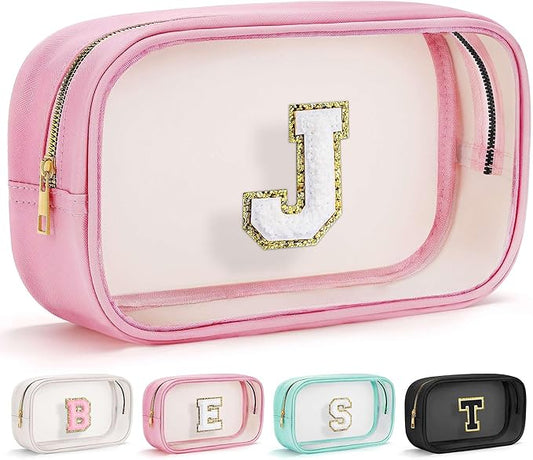 YOOLIFE Birthday Gifts | Initial Travel Essentials Makeup Bag, Clear Toiletry Bag Pouch Cosmetic Bag Case Large Makeup Bag Personalized Pink Birthday Gifts for Women Teacher Mom Teen Friends J-Velvo Beauty