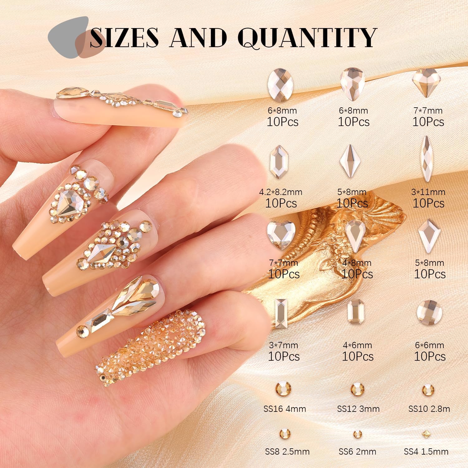 2680Pcs Champagne Gold Glass Nail Rhinestones 120Pcs Multi Shapes Flatback Nail Gems +2560Pcs 1.5-4mm Round Crystal, Manicure Nail Charms Diamond Gemstones for Acrylic Nails Decoration-Velvo Beauty