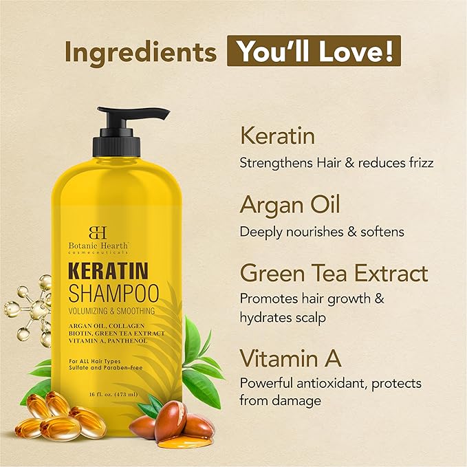 Botanic Hearth Keratin Shampoo | With Argan Oil, Collagen & Biotin | Best For Dry Damaged, Fizzy & Color Treated Hair | Hair Thickening & Sulfate Free | 16 Fl Oz (Pack Of 1)-Velvo Beauty