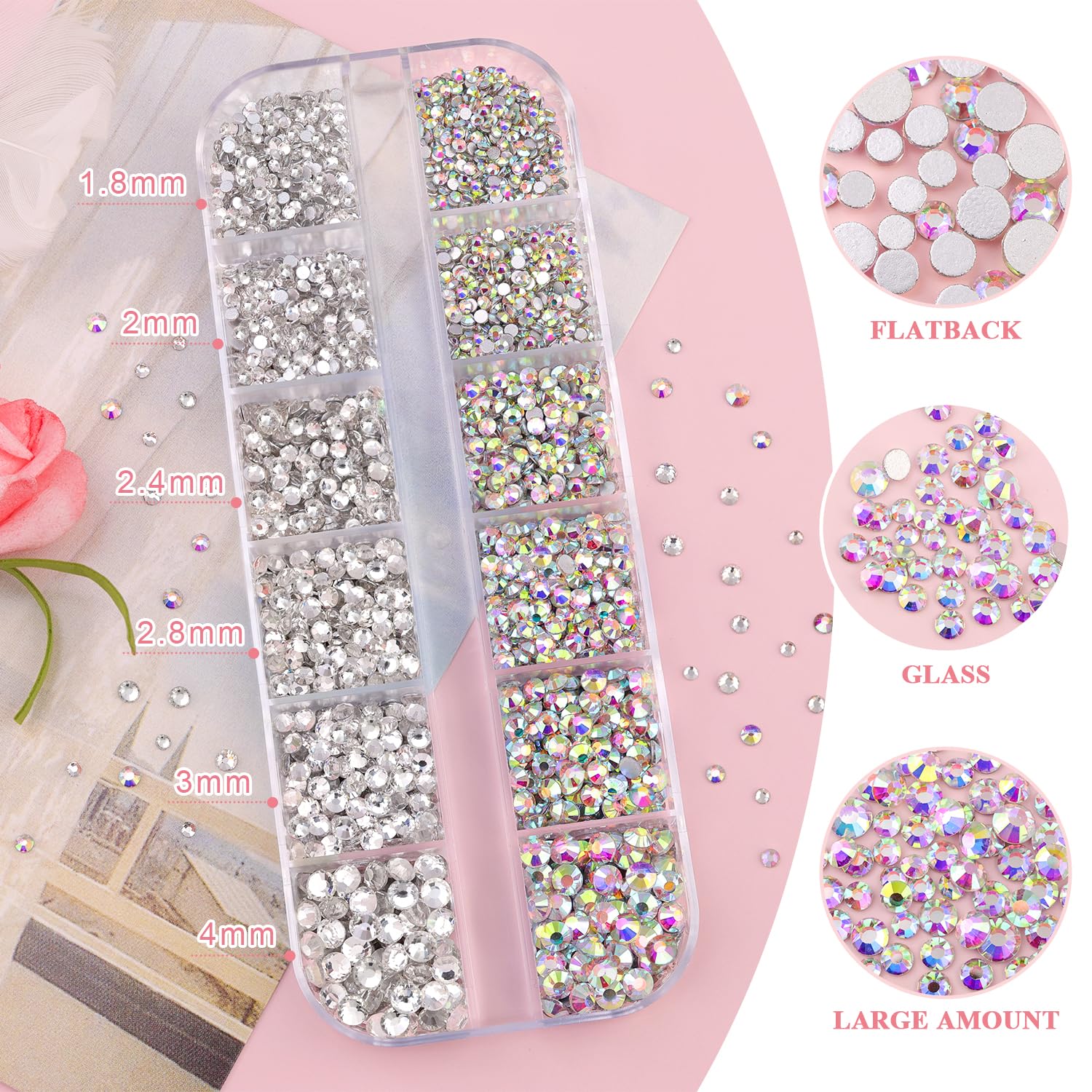 3600pcs Glass AB and Transparent White Nail Rhinestones 6 Sizes(1.8/2/2.4/2.8/3/4mm) Flatback Crystal Nail Charms Jewels Decoration for Nail Art and Crafting, Tweezer and Pickup Pen included-Velvo Beauty