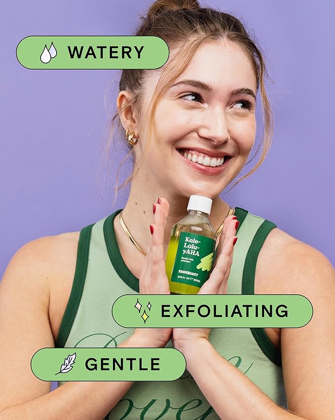 Krave Beauty Kale-Lalu-yAHA - Gentle 5.25% AHA Exfoliator with Glycolic Acid, Hyaluronic Acid, and Vitamin-Rich Kale for Texture, Discoloration, and Dead Skin Cells, Vegan and Cruelty-Free, 6.76 fl oz-Velvo Beauty