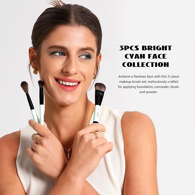 Jessup Face Makeup Brushes Blue 3pcs Double Ended Makeup Brush for Foundation Contour Blush Highlight and Concealer Brush, Premium Synthetic Brush Set T503-Velvo Beauty