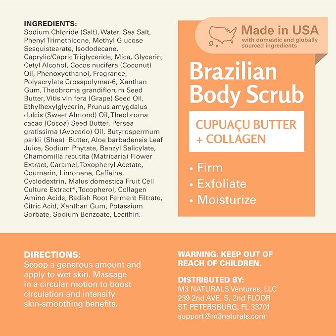 Firming & Moisturizing Brazilian Body Scrub, Gentle Body Exfoliator with Cupuacu Butter, Jojoba Oil & Collagen, 16 oz (453 g) by M3 Naturals-Velvo Beauty