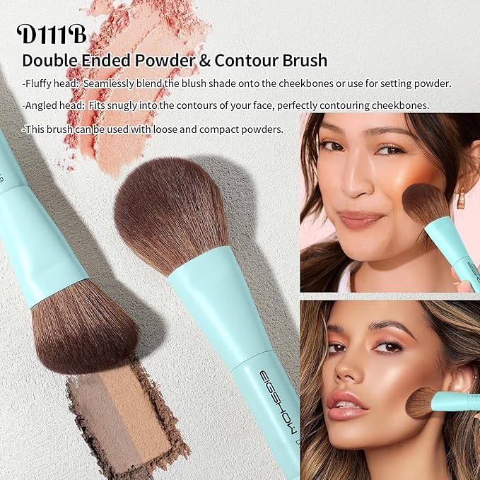 EIGSHOW Makeup Brush Set, 3Pcs Dual Ended Face Makeup Brushes for Foundation Powder Contour Highlight Concealer Nose Shadow, Travel Gift Set (Cyan)-Velvo Beauty