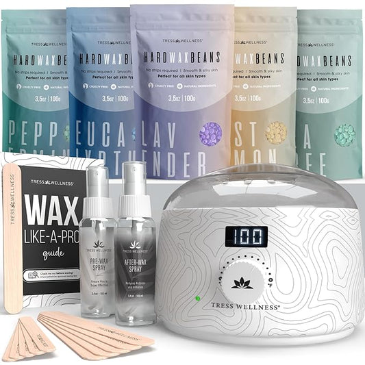 Tress Wellness Waxing Kit for Sensitive Skin – Safe for Face & Skin, Prep & Aftercare Spray, Easy to Use – At-Home Kit for Face, Bikini, Brazilian & Full Body, Black & White-Velvo Beauty