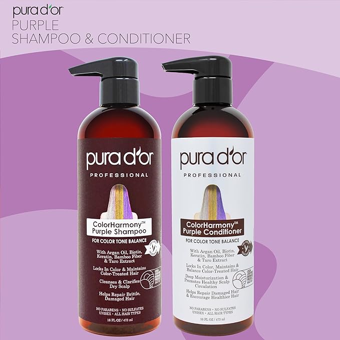 PURA D'OR Purple Shampoo & Conditioner (16oz x 2) ColorHarmony Biotin Set For Bleached, Blonde, Silver & Color Treated Hair - Keratin, Bamboo Fiber, No Sulfates - Men & Women-Velvo Beauty
