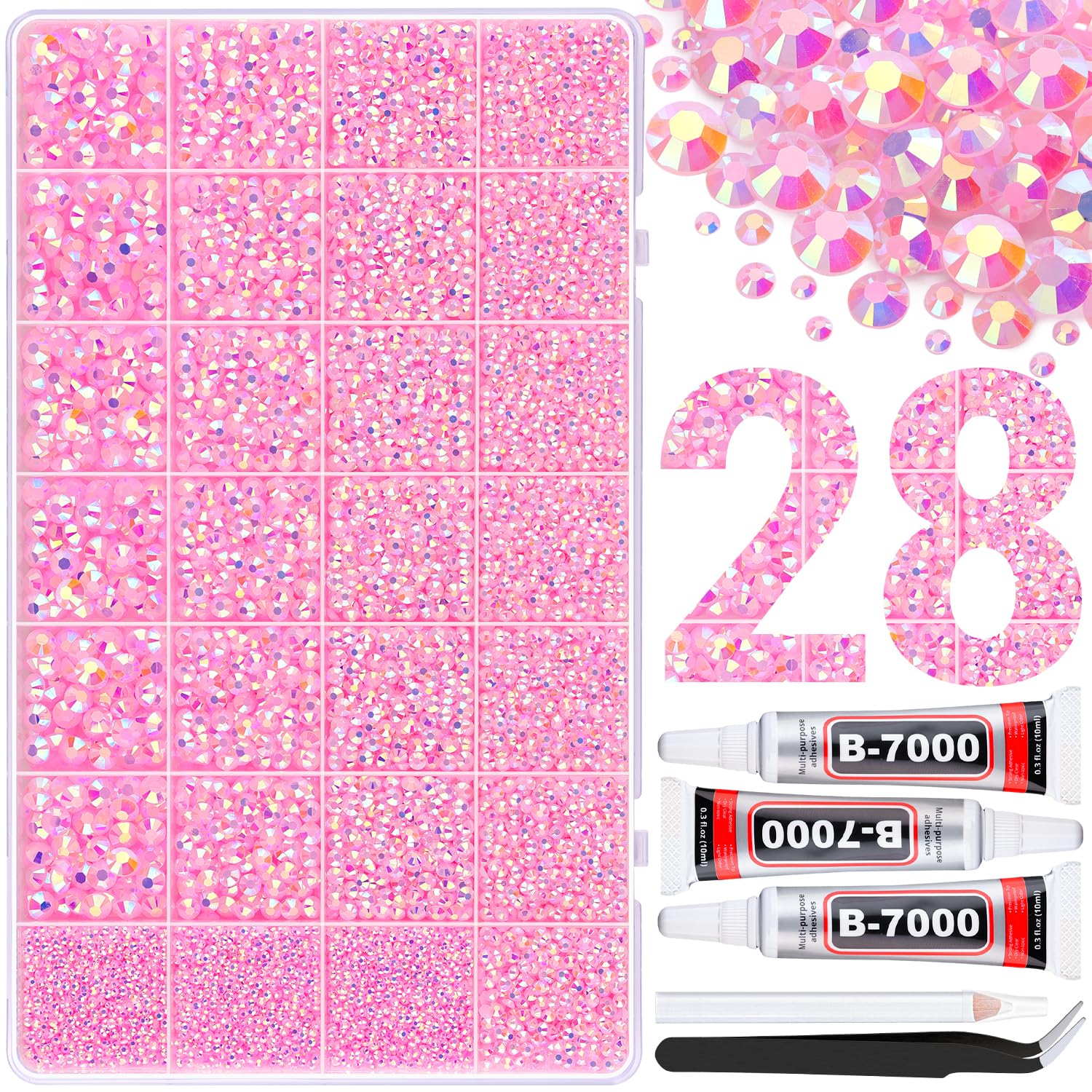 30000Pcs Resin Rhinestones for Bedazzling with 3Pcs B7000 Jewelry Glue, Light Pink AB Flatback Gems Rhinestones for Crafting, Clothing Tumblers Mugs Shoes Fabric Decor Nail Art-Velvo Beauty