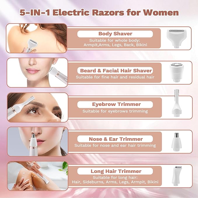 Electric Razors for Women, 5 in 1 Bikini Trimmer for Women, Wet/Dry Electric Shaver, Painless Womens Razor Shavers, Facial Hair Removal for Face Nose Eyebrow Arms Armpit Legs Pubic Area-Velvo Beauty