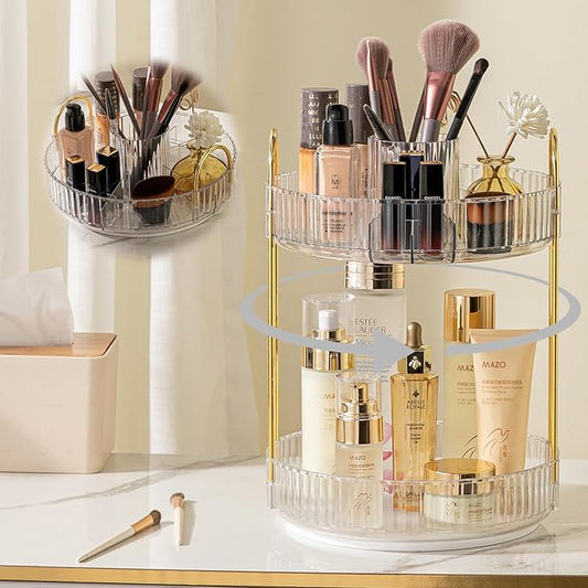 Rotating Makeup Organizer for Vanity, High-Capacity Skincare Clear Make Up Storage Perfume Organizers Cosmetic Dresser Organizer Countertop 360 Spinning (Clear, New-2 Tier)-Velvo Beauty