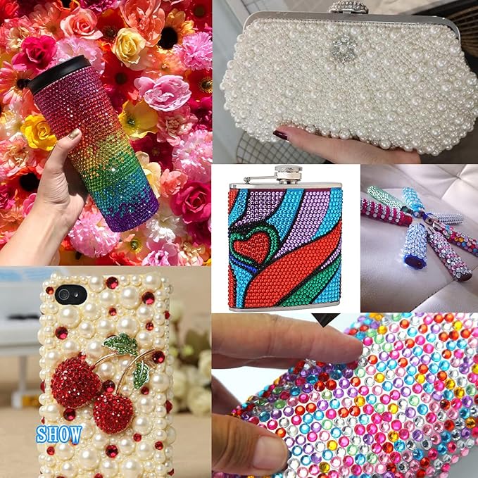 Flat Back Rhinestone+Half Round Pearl Kits Colorful Rhinestones+White+Beige Pearls With Picker Pencil And Tweezer For Home DIY And Professional Use-Velvo Beauty