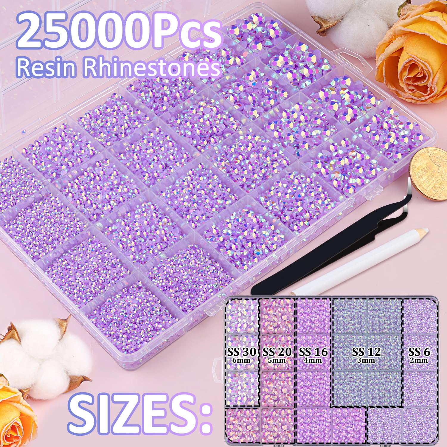 25000Pcs Resin Jelly Rhinestones for Crafting, Lavender Purple AB 2-6mm Mixed Sizes Non Hotfix Flatback Gems, Bedazzling Crystal for DIY Crafts Clothing Tumblers Mugs Shoes Fabric Nail Art-Velvo Beauty