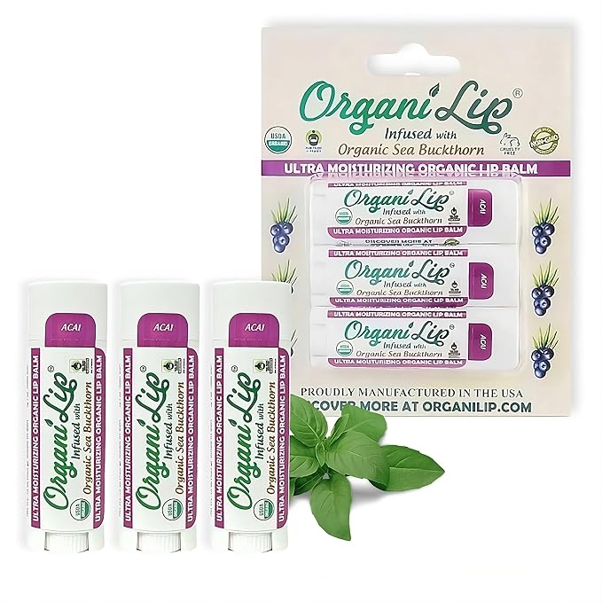 OrganiLip Organic Lip Balm, Acai Flavor, Ultra Hydrating Lip Moisturizer for Cracked or Dry Lips, Oval Shaped Tube, USDA Certified Organic, 3 Pack-Velvo Beauty