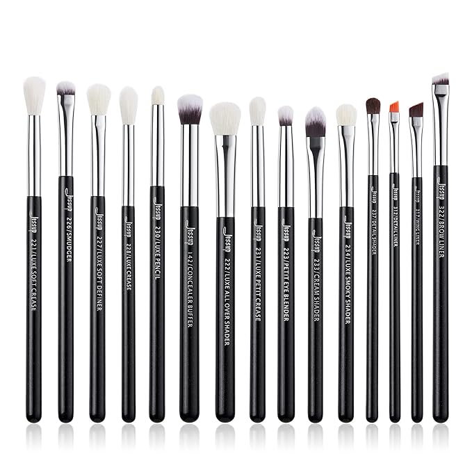 Jessup Eye Makeup Brushes Set Professional 15pcs with Eyeshadow Blending Concealer Eyebrow Eyliner Brush (Pearl Black/Silver)-Velvo Beauty